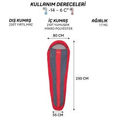 FreeCamp Trek Lite Classic 300 Uyku Tulumu-KIRMIZI