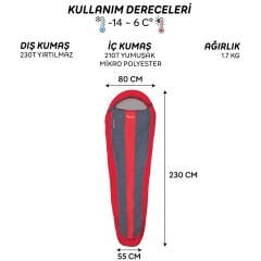 FreeCamp Trek Lite Classic 300 Uyku Tulumu-KIRMIZI