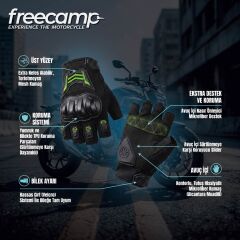 FreeCamp Power Yarım Parmak Motosiklet Eldiveni EN 13594-SİYAH-YEŞİL