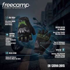 FreeCamp Power Yarım Parmak Motosiklet Eldiveni EN 13594-SİYAH-YEŞİL