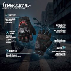 FreeCamp Power Yarım Parmak Motosiklet Eldiveni-SİYAH-KIRMIZI
