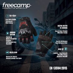 FreeCamp Power Yarım Parmak Motosiklet Eldiveni EN 13594-SİYAH-KIRMIZI