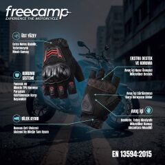 FreeCamp Power Yarım Parmak Motosiklet Eldiveni EN 13594-SİYAH-KIRMIZI