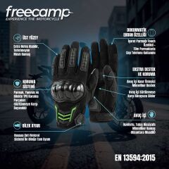 FreeCamp Power Tam Parmak Motosiklet Eldiveni EN 13594-SİYAH-YEŞİL
