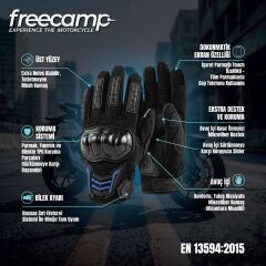 FreeCamp Power Tam Parmak Motosiklet Eldiveni EN 13594-SİYAH-MAVİ