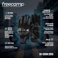 FreeCamp Power Tam Parmak Motosiklet Eldiveni EN 13594-SİYAH-MAVİ