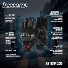 FreeCamp Power Tam Parmak Motosiklet Eldiveni EN 13594-SİYAH-KIRMIZI