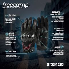 FreeCamp Power Tam Parmak Motosiklet Eldiveni EN 13594-SİYAH-KIRMIZI