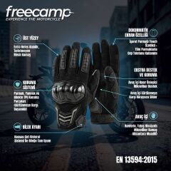 FreeCamp Power Tam Parmak Motosiklet Eldiveni EN 13594-SİYAH-GRİ