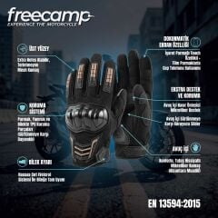 FreeCamp Power Tam Parmak Motosiklet Eldiveni EN 13594-SİYAH-TURUNCU